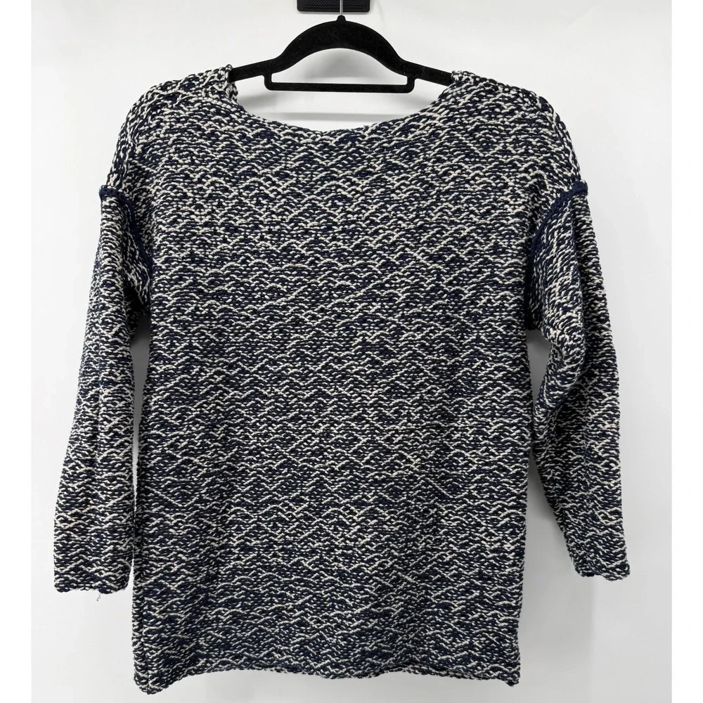 J.Crew Womens Small Navy Ivory Textured Chunky Knit Scoop Neck Sweater Pullover